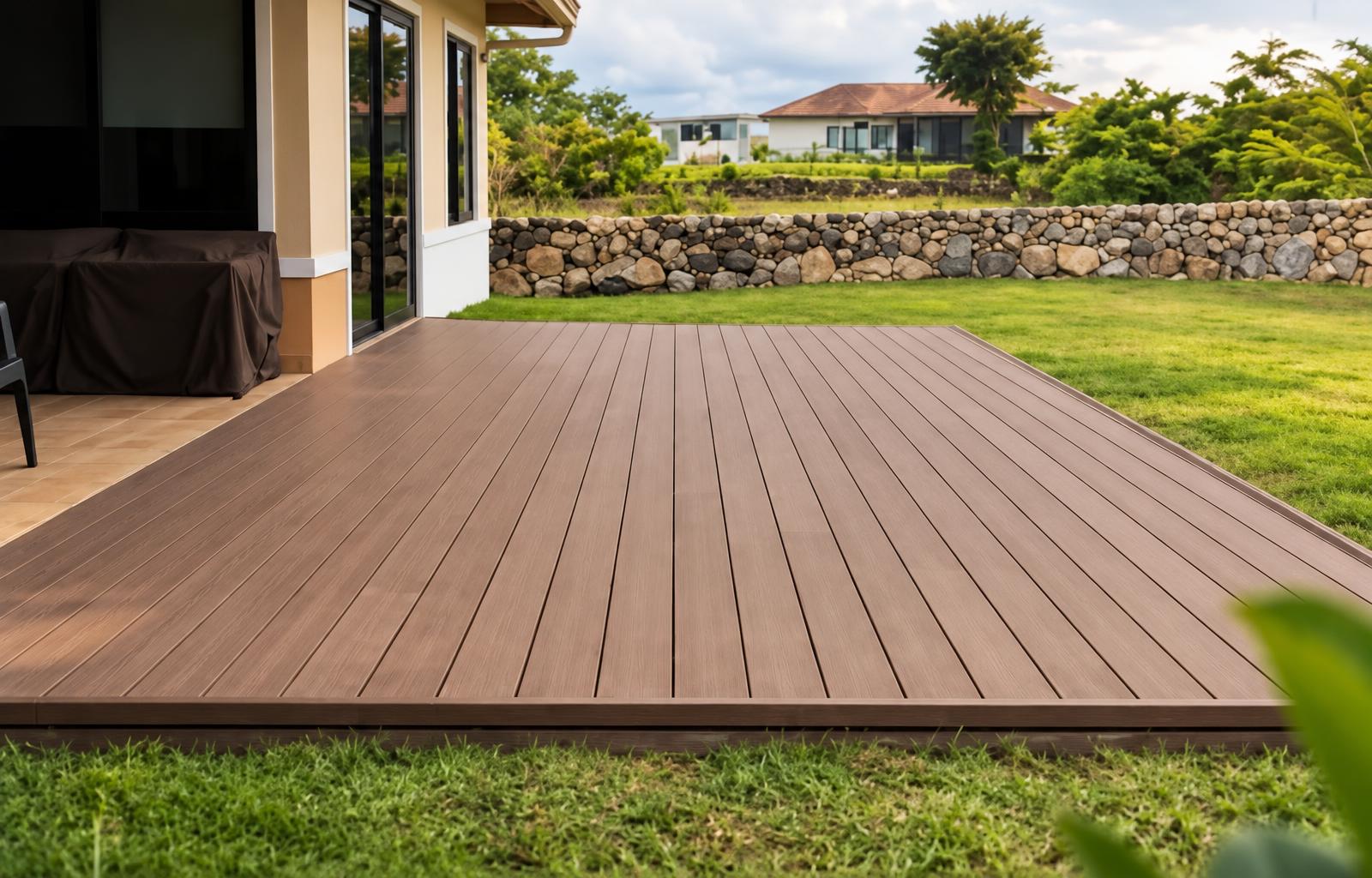 Terraza con piso deck en tono madera frente a un jardín con muro de piedra