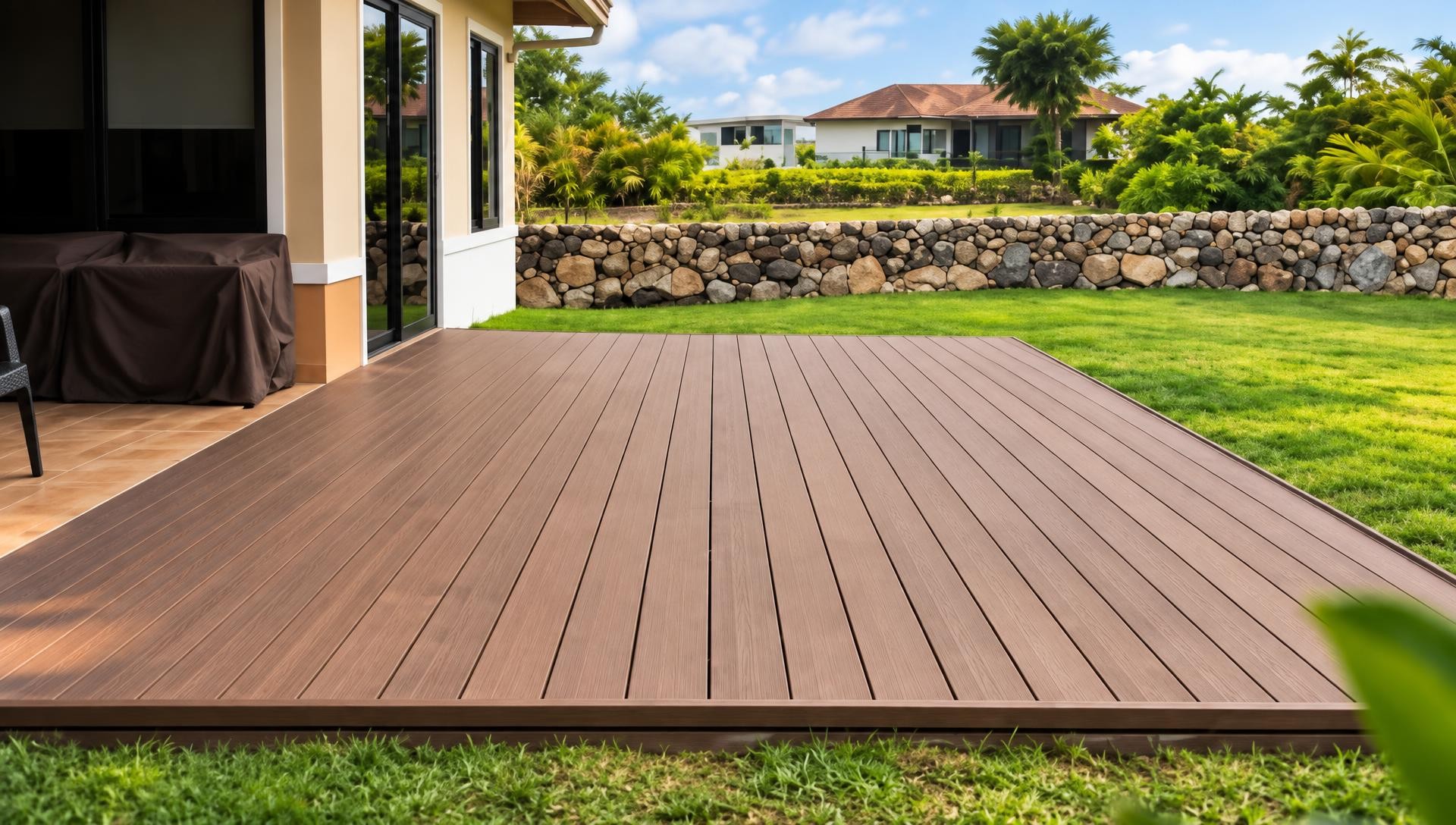 Terraza con piso deck en tono madera frente a un jardín con muro de piedra