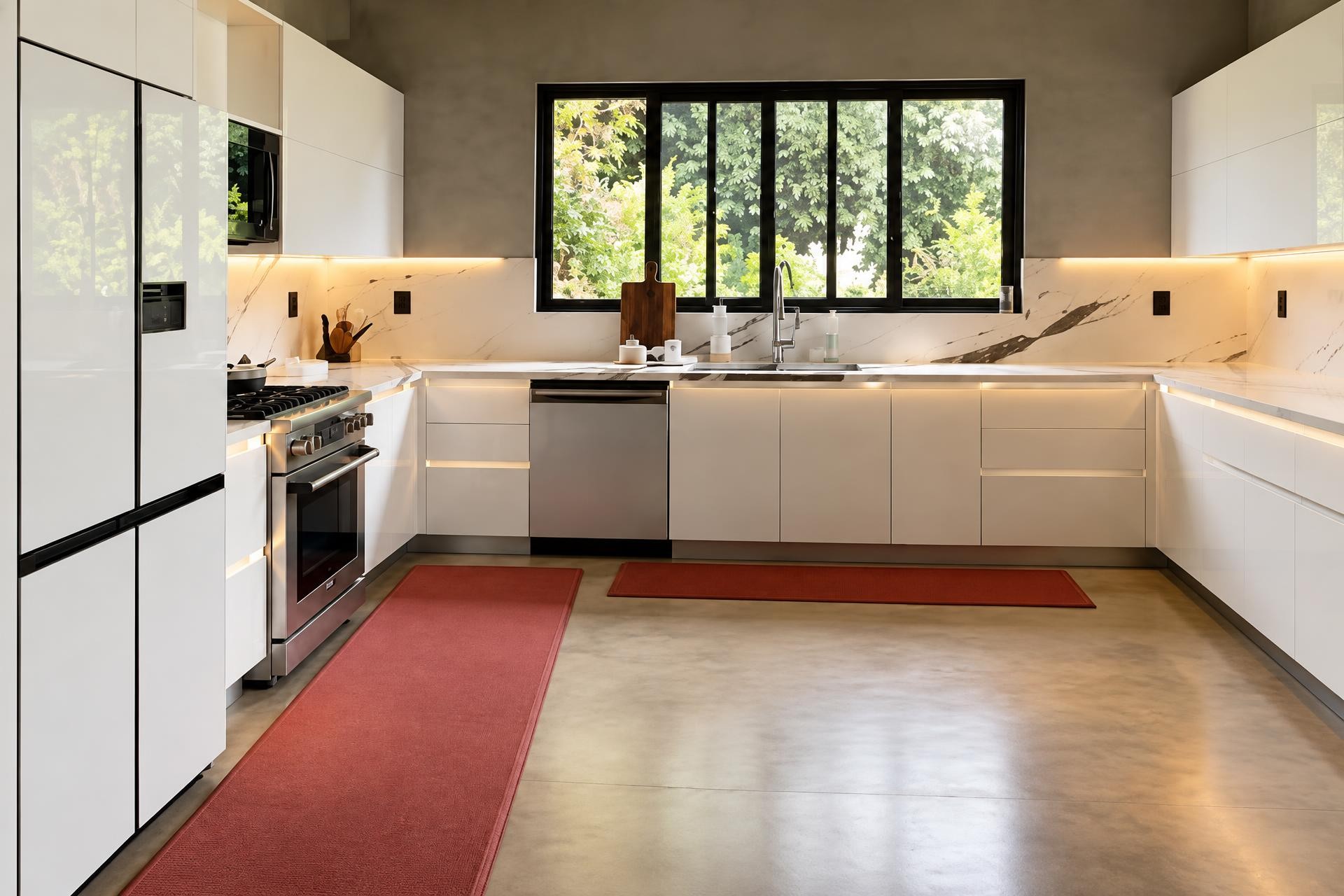 Cocina con gabinetes blancos, cubierta clara e iluminación lineal bajo los muebles